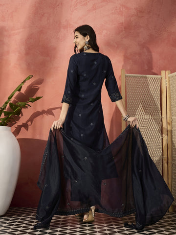 Sangria Navy Blue Color Embroidered Polyster Staright Kurta & Trousers With Dupatta