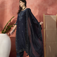 Women Black Floral Embroidered Notch Neck Straight Kurta With Trousers And Dupatta