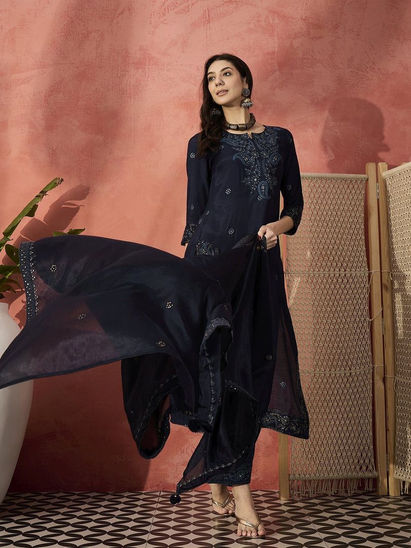 Women Black Floral Embroidered Notch Neck Straight Kurta With Trousers And Dupatta