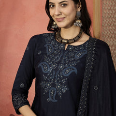Women Black Floral Embroidered Notch Neck Straight Kurta With Trousers And Dupatta