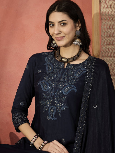 Women Black Floral Embroidered Notch Neck Straight Kurta With Trousers And Dupatta