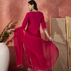 Women Red Embroidered Straight Kurta Set with Chiffon Dupatta