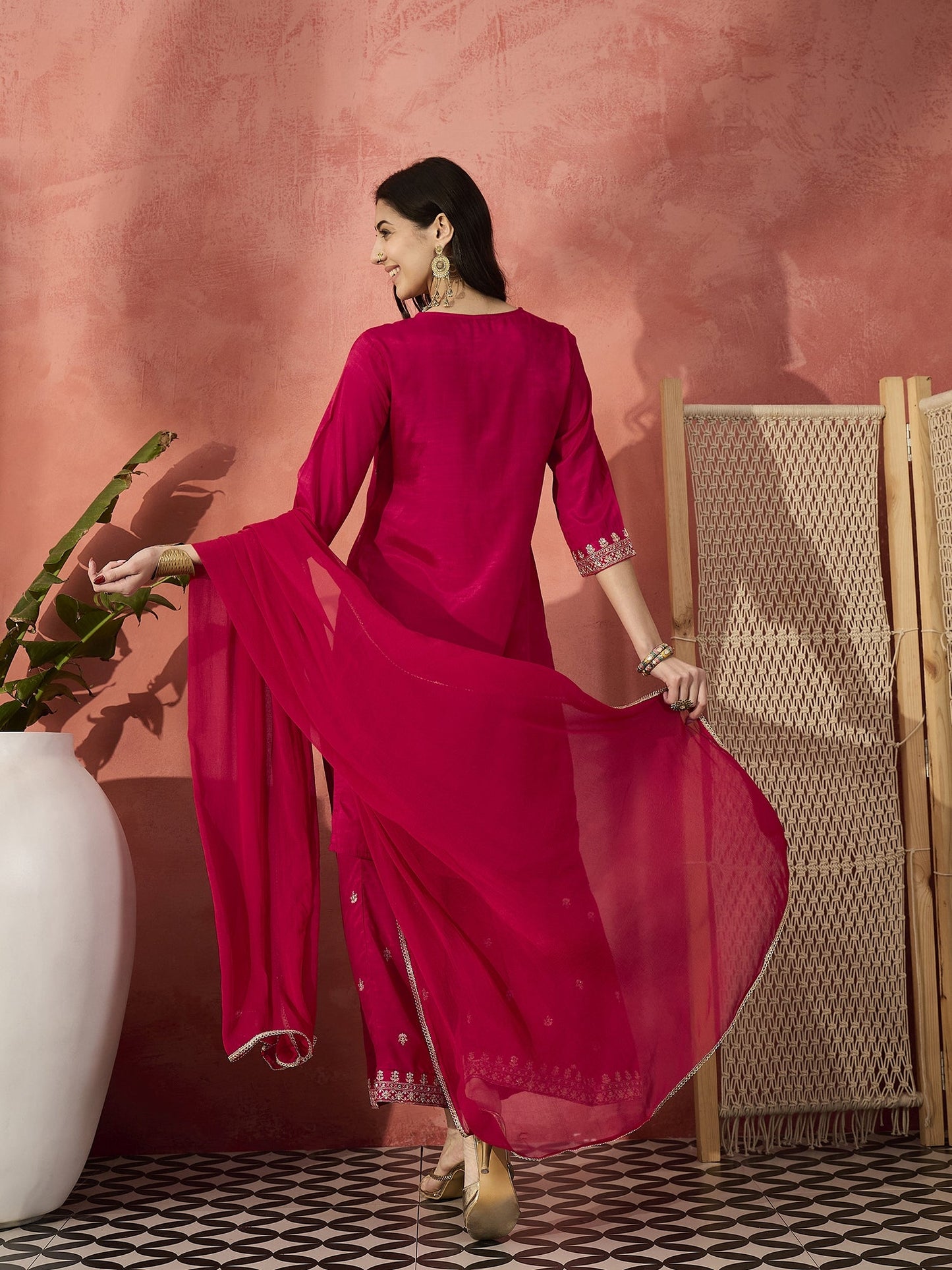 Sangria Red Embroidered Straight Kurta Set with Chiffon Dupatta