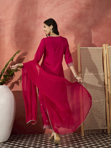 Sangria Red Color Embroidered Straight Kurta & Trousers With Dupatta