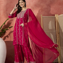 Women Red Embroidered Straight Kurta Set with Chiffon Dupatta