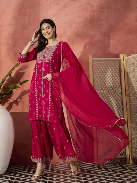 Women Red Embroidered Straight Kurta Set with Chiffon Dupatta