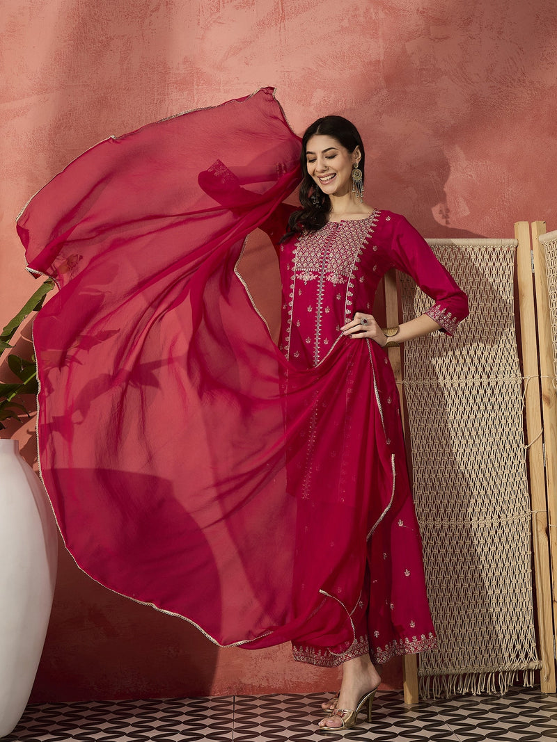 Women Red Embroidered Straight Kurta Set with Chiffon Dupatta