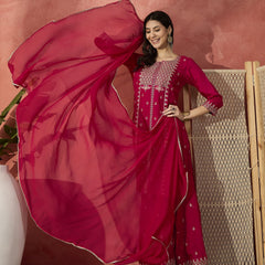 Women Red Embroidered Straight Kurta Set with Chiffon Dupatta