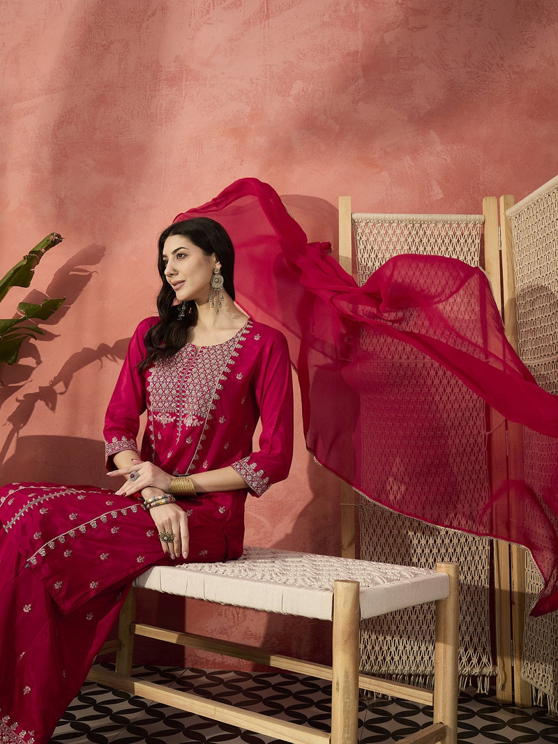 Women Red Embroidered Straight Kurta Set with Chiffon Dupatta