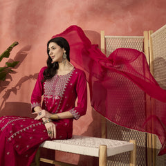 Women Red Embroidered Straight Kurta Set with Chiffon Dupatta