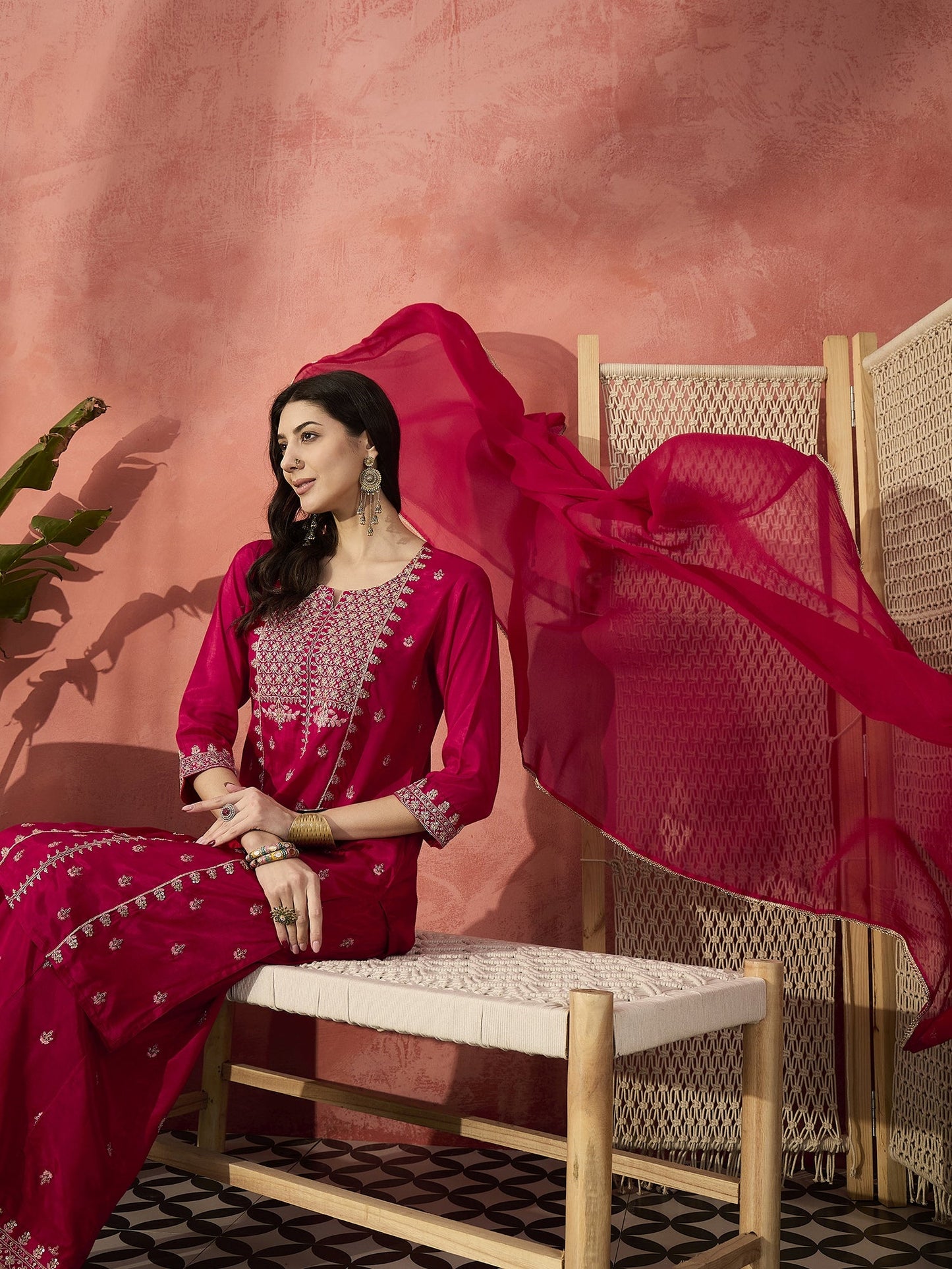 Sangria Red Embroidered Straight Kurta Set with Chiffon Dupatta