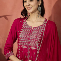 Women Red Embroidered Straight Kurta Set with Chiffon Dupatta