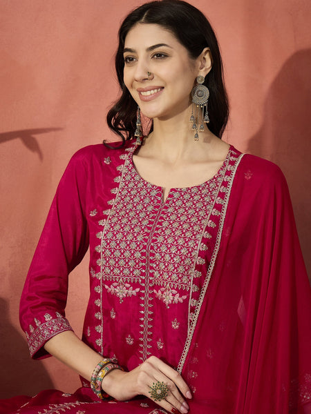 Women Red Embroidered Straight Kurta Set with Chiffon Dupatta