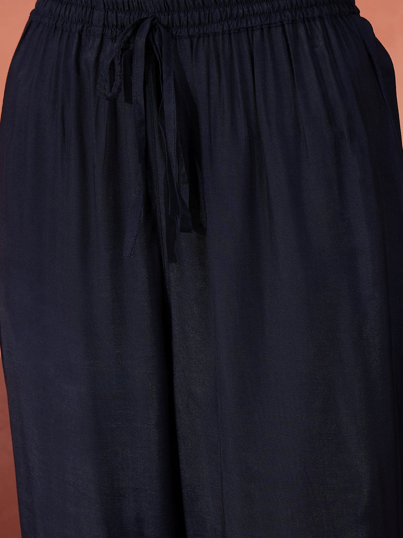 Women Navy Blue Self-Design Straight Kurta Set with Chiffon Dupatta