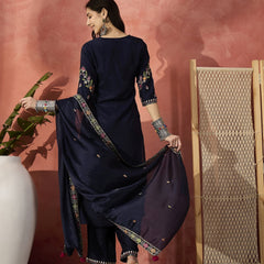 Women Navy Blue Self-Design Straight Kurta Set with Chiffon Dupatta