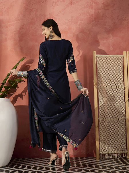 Women Navy Blue Self-Design Straight Kurta Set with Chiffon Dupatta