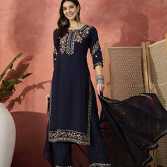 Women Navy Blue Self-Design Straight Kurta Set with Chiffon Dupatta