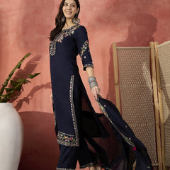Women Navy Blue Self-Design Straight Kurta Set with Chiffon Dupatta