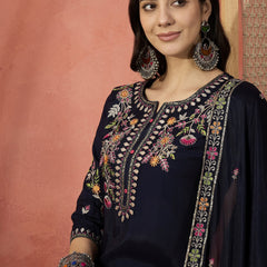Women Navy Blue Self-Design Straight Kurta Set with Chiffon Dupatta