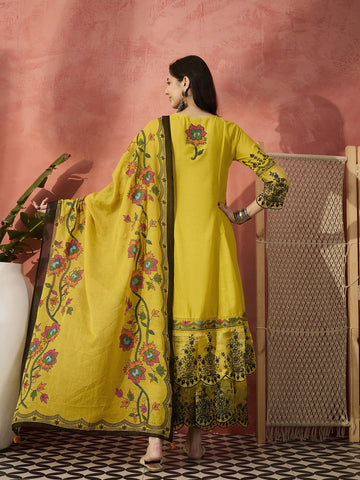 Sangria Yellow Color Embroidered Pure Cotton Anarkali Kurta & Trousers With Dupatta