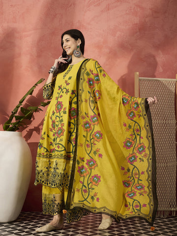 Sangria Yellow Color Embroidered Pure Cotton Anarkali Kurta & Trousers With Dupatta