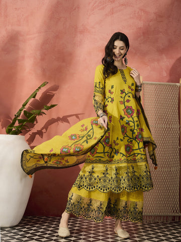 Sangria Yellow Color Embroidered Pure Cotton Anarkali Kurta & Trousers With Dupatta