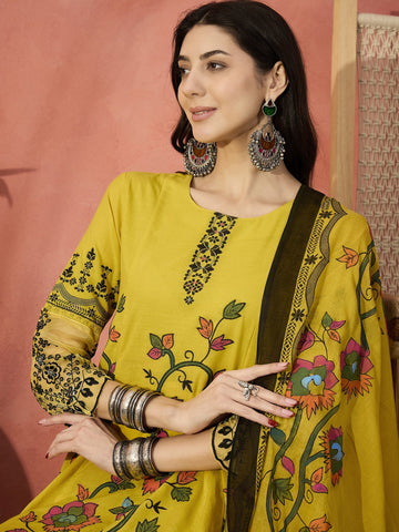 Sangria Yellow Color Embroidered Pure Cotton Anarkali Kurta & Trousers With Dupatta