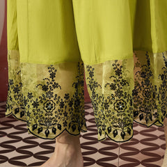 Women Green Embroidered Pure Cotton Round Neck Anarkali Kurta & Palazzos With Dupatta