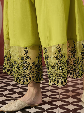 Sangria Green Color Embroidered Pure Cotton Anarkali Kurta & Trousers With Dupatta