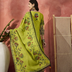 Women Green Embroidered Pure Cotton Round Neck Anarkali Kurta & Palazzos With Dupatta