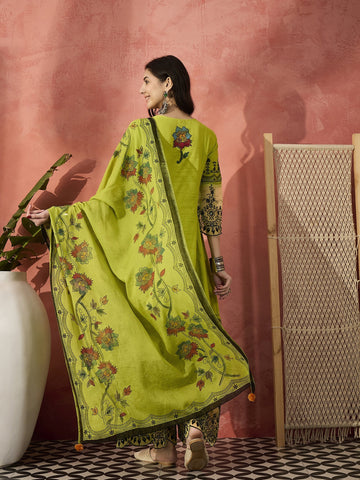 Sangria Green Color Embroidered Pure Cotton Anarkali Kurta & Trousers With Dupatta