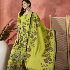 Women Green Embroidered Pure Cotton Round Neck Anarkali Kurta & Palazzos With Dupatta
