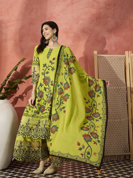 Sangria Green Color Embroidered Pure Cotton Anarkali Kurta & Trousers With Dupatta