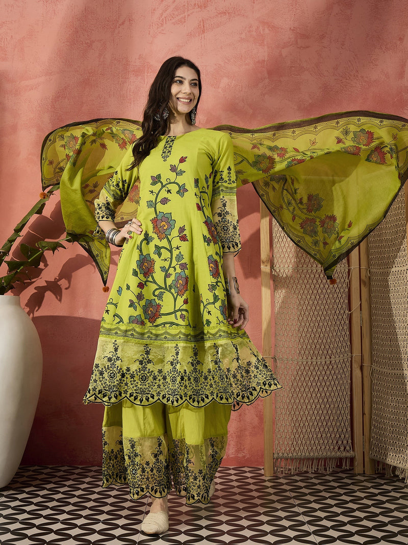 Women Green Embroidered Pure Cotton Round Neck Anarkali Kurta & Palazzos With Dupatta