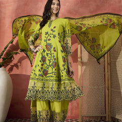 Women Green Embroidered Pure Cotton Round Neck Anarkali Kurta & Palazzos With Dupatta