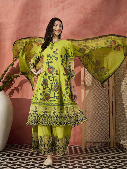 Women Green Embroidered Pure Cotton Round Neck Anarkali Kurta & Palazzos With Dupatta