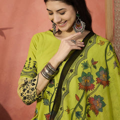 Women Green Embroidered Pure Cotton Round Neck Anarkali Kurta & Palazzos With Dupatta