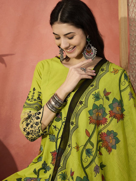 Women Green Embroidered Pure Cotton Round Neck Anarkali Kurta & Palazzos With Dupatta