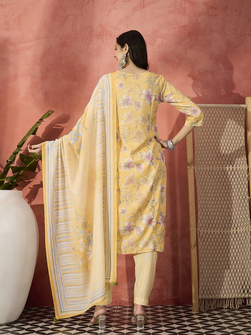 Women Yellow Floral Embroidered Notch Neck Straight Kurta With Trousers And Dupatta