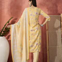 Women Yellow Floral Embroidered Notch Neck Straight Kurta With Trousers And Dupatta