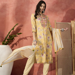 Women Yellow Floral Embroidered Notch Neck Straight Kurta With Trousers And Dupatta
