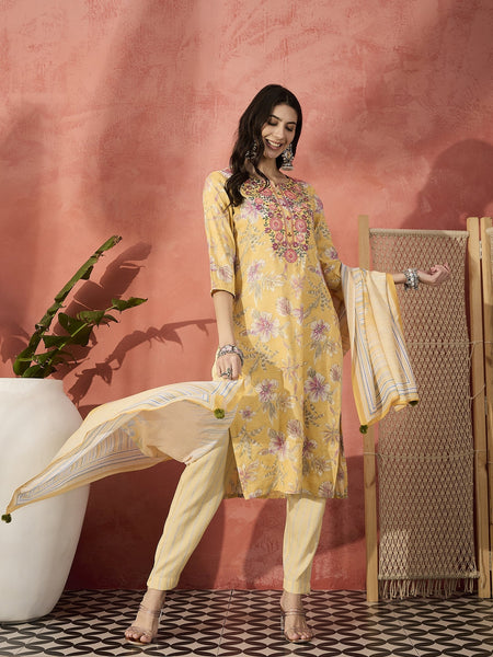 Women Yellow Floral Embroidered Notch Neck Straight Kurta With Trousers And Dupatta