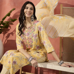 Women Yellow Floral Embroidered Notch Neck Straight Kurta With Trousers And Dupatta