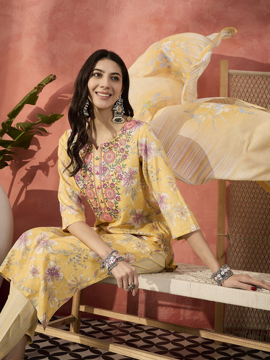 Women Yellow Floral Embroidered Notch Neck Straight Kurta With Trousers And Dupatta