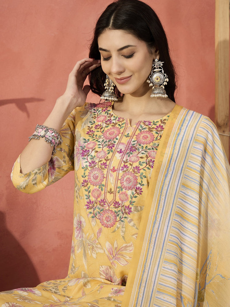 Women Yellow Floral Embroidered Notch Neck Straight Kurta With Trousers And Dupatta
