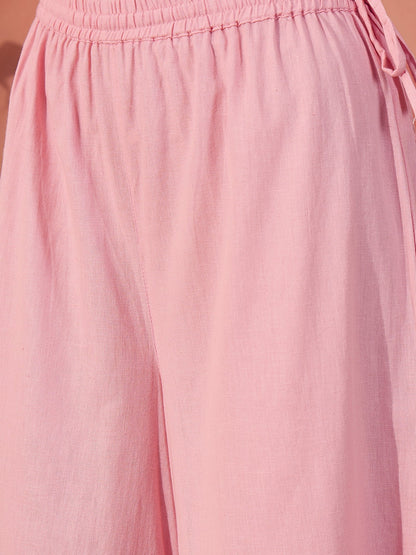 Women Pink Cotton Embroidered Straight Kurta Set with Dupatta