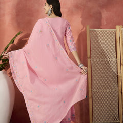 Women Pink Cotton Embroidered Straight Kurta Set with Dupatta