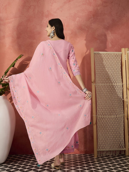 Women Pink Cotton Embroidered Straight Kurta Set with Dupatta
