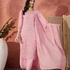 Women Pink Cotton Embroidered Straight Kurta Set with Dupatta