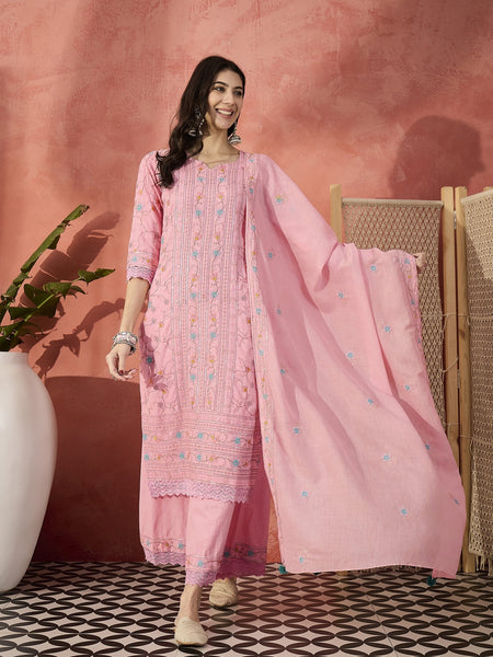 Women Pink Cotton Embroidered Straight Kurta Set with Dupatta